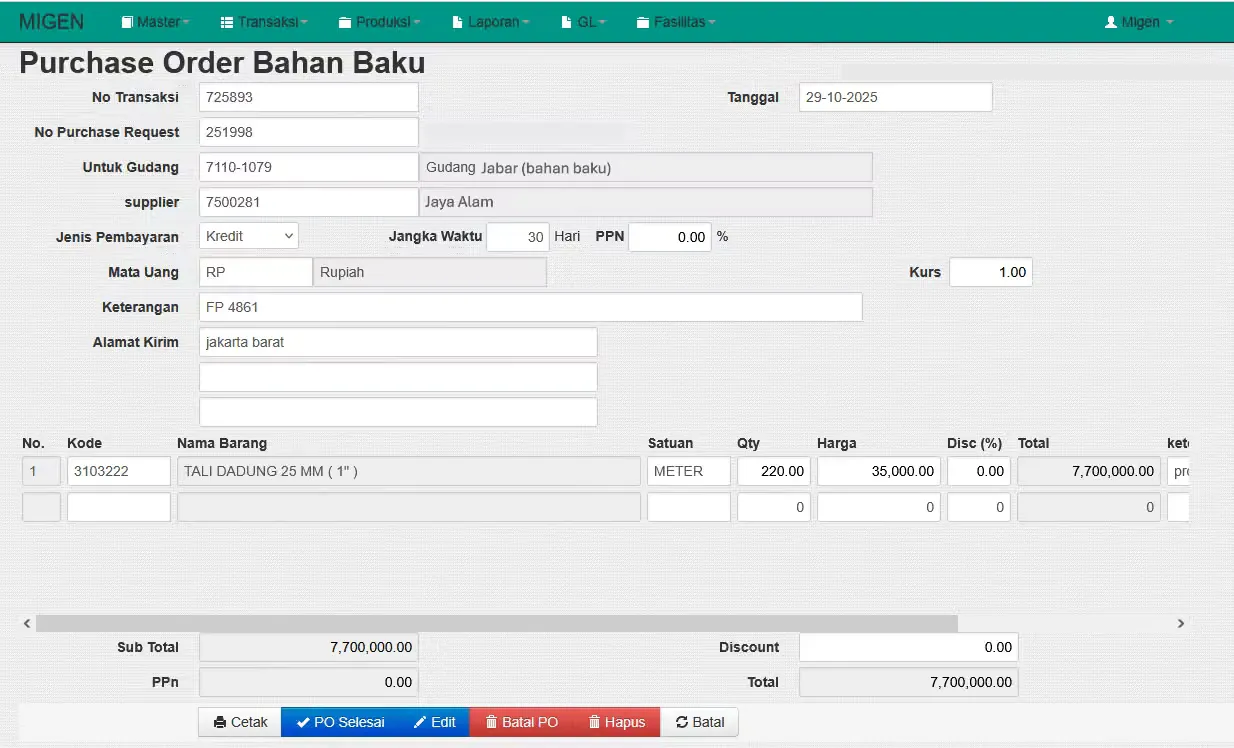 Raw Material Purchase Order