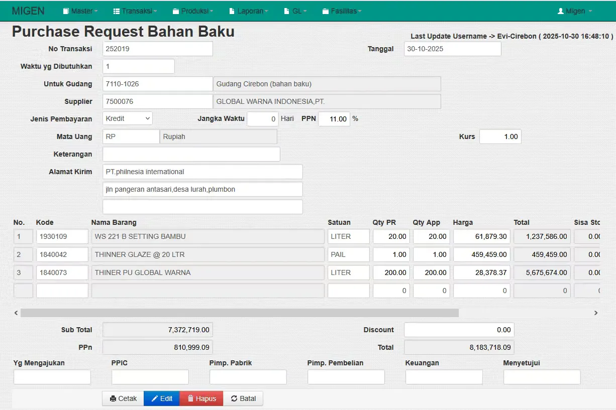 Raw Material Purchase Request